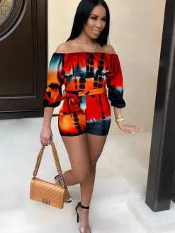 Off Shoulder Floral Print Belted Romper