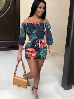Off Shoulder Floral Print Belted Romper