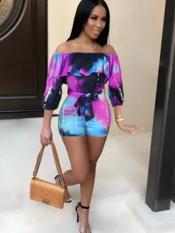 Off Shoulder Floral Print Belted Romper