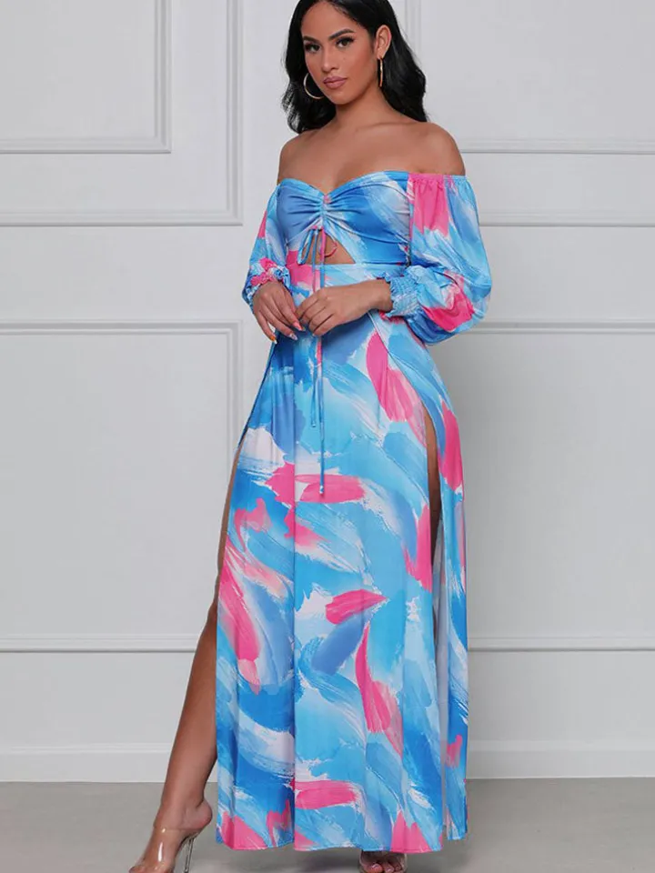 Off Shoulder Floral Print Flowy Maxi Dress
