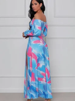 Off Shoulder Floral Print Flowy Maxi Dress