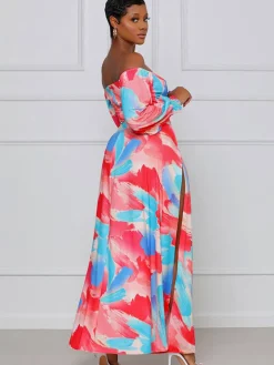 Off Shoulder Floral Print Flowy Maxi Dress
