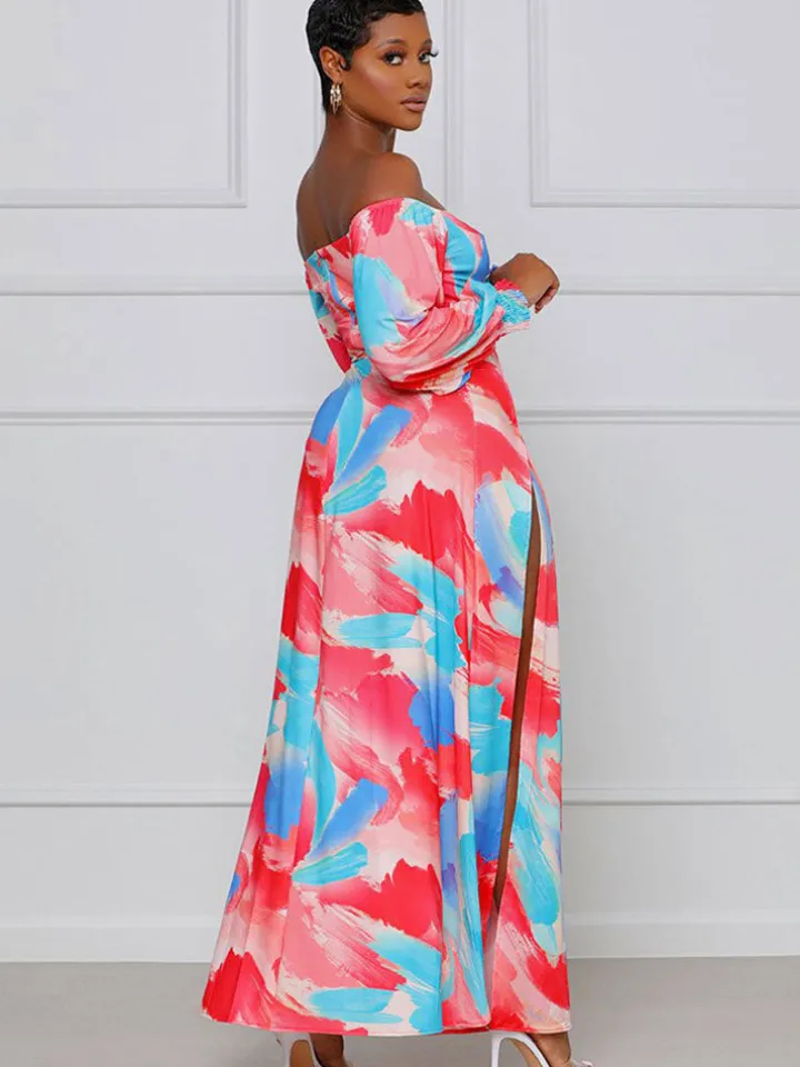 Off Shoulder Floral Print Flowy Maxi Dress