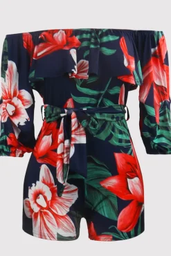 Off Shoulder Floral Rainbow Short Jumpsuit