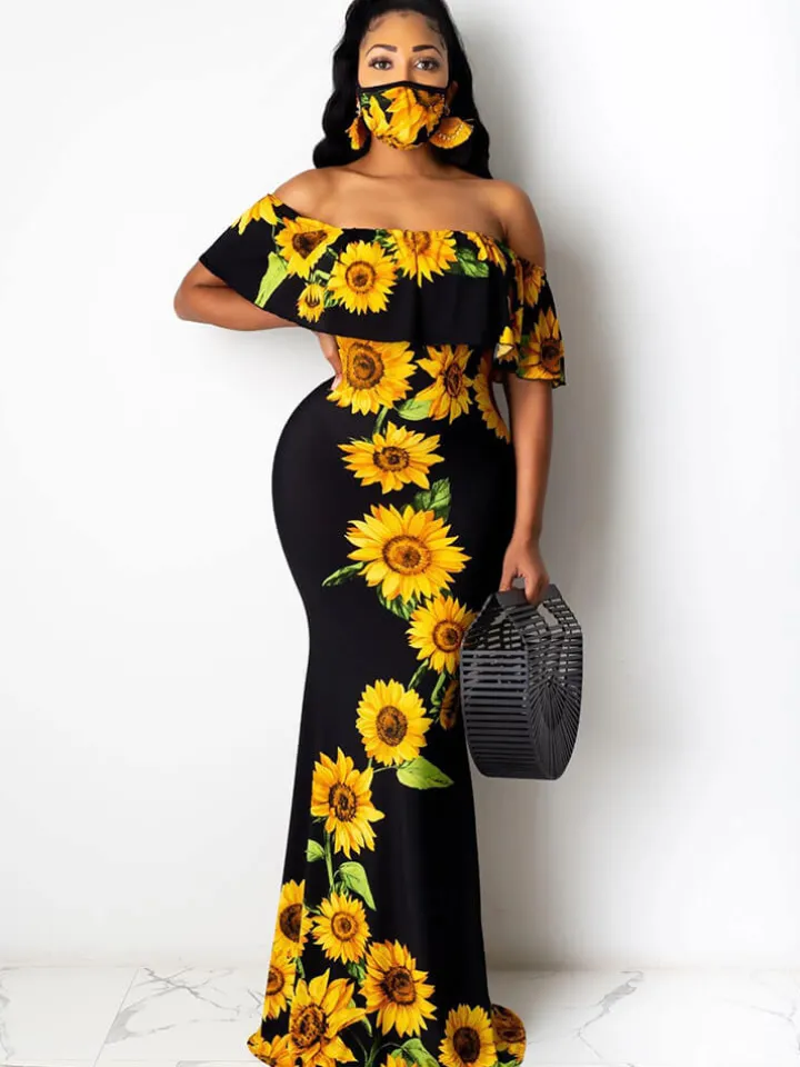 Off Shoulder Gradient Color Ruffle Floral Print Maxi Dress