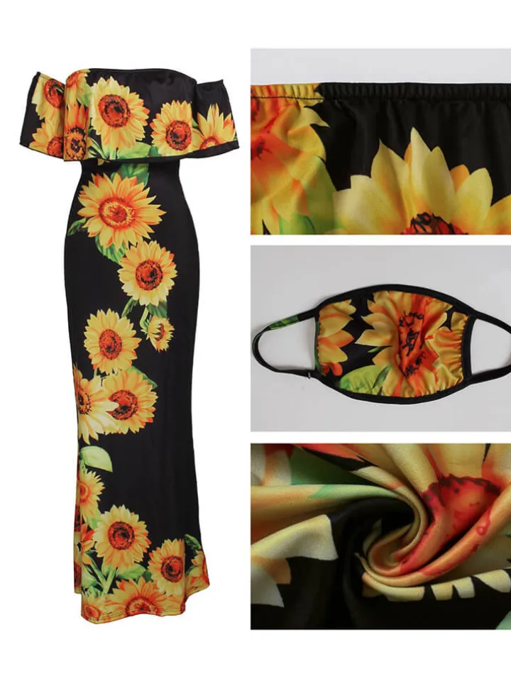 Off Shoulder Gradient Color Ruffle Floral Print Maxi Dress