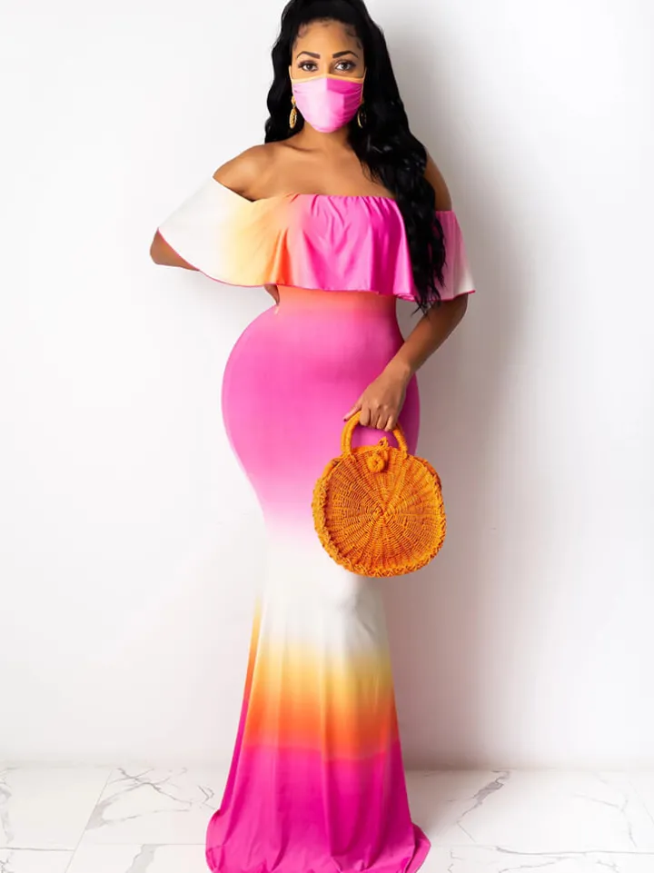 Off Shoulder Gradient Color Ruffle Floral Print Maxi Dress