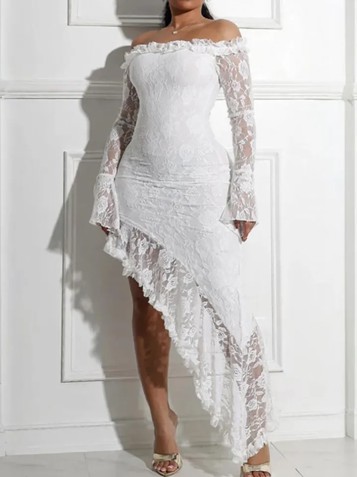 Off Shoulder Lace Asymmetric Ruffle Dress