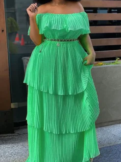Off Shoulder Layered Pleated Plus Size Maxi Dress