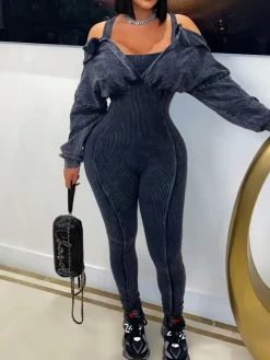 Off Shoulder Long Sleeve Ribbed Jumpsuit