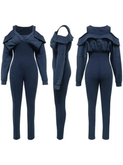 Off Shoulder Long Sleeve Ribbed Jumpsuit