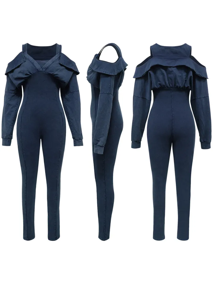 Off Shoulder Long Sleeve Ribbed Jumpsuit