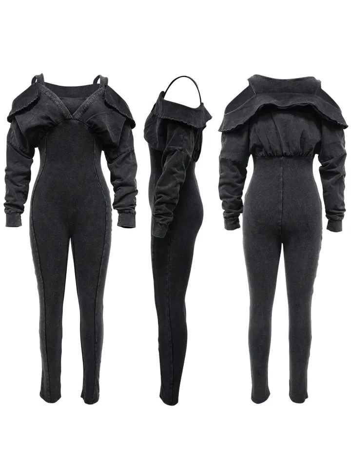 Off Shoulder Long Sleeve Ribbed Jumpsuit