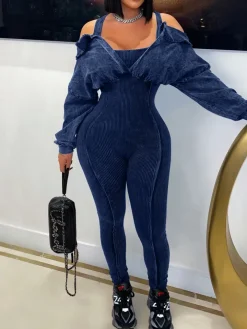 Off Shoulder Long Sleeve Ribbed Jumpsuit