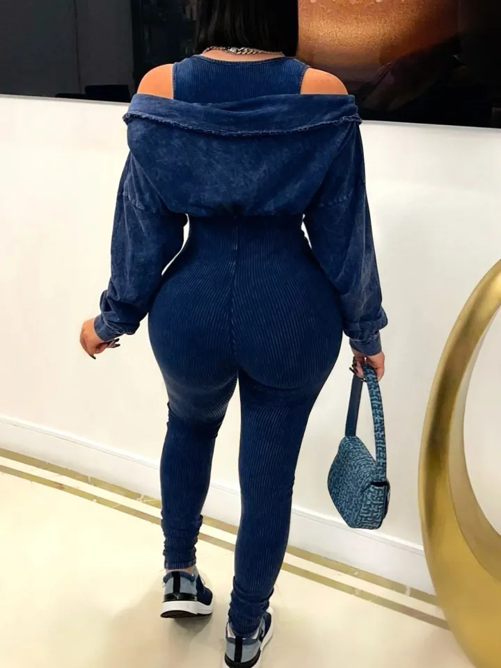 Off Shoulder Long Sleeve Ribbed Jumpsuit