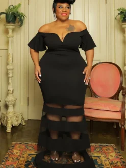 Off Shoulder Mesh Patchwork Bodycon Maxi Dress