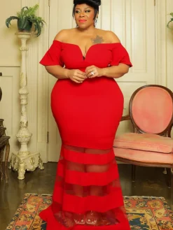 Off Shoulder Mesh Patchwork Bodycon Maxi Dress