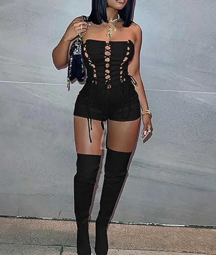 Off Shoulder Out Bandage Bodycon Short Jumpsuit
