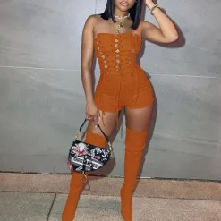 Off Shoulder Out Bandage Bodycon Short Jumpsuit