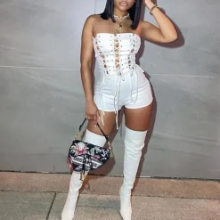 Off Shoulder Out Bandage Bodycon Short Jumpsuit