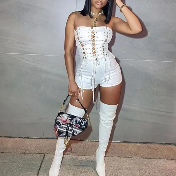 Off Shoulder Out Bandage Bodycon Short Jumpsuit