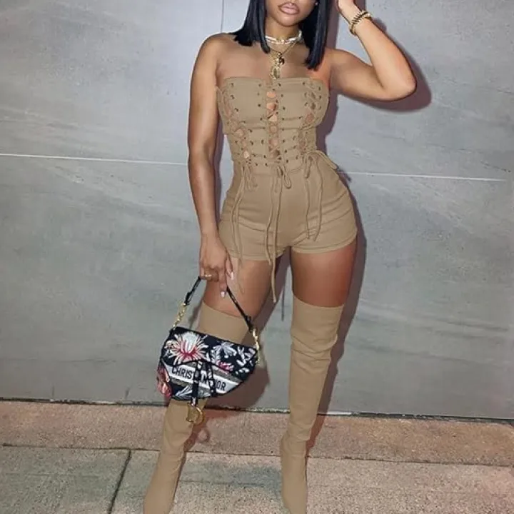 Off Shoulder Out Bandage Bodycon Short Jumpsuit