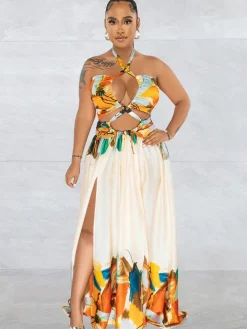 Off Shoulder Printed Patchwork Maxi Dress