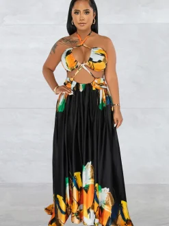 Off Shoulder Printed Patchwork Maxi Dress