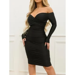 Off Shoulder Ruched Bodycon Midi Dress