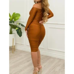 Off Shoulder Ruched Bodycon Midi Dress