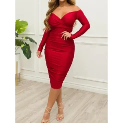 Off Shoulder Ruched Bodycon Midi Dress