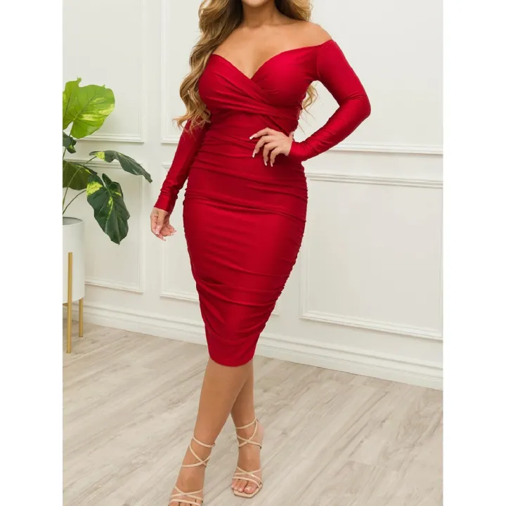 Off Shoulder Ruched Bodycon Midi Dress