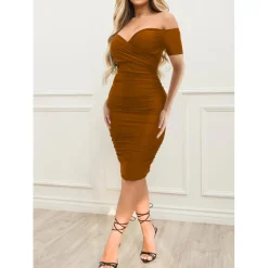 Off Shoulder Ruched Short Sleeve Bodycon Dress