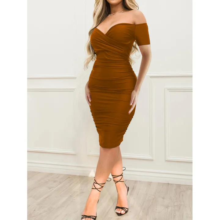 Off Shoulder Ruched Short Sleeve Bodycon Dress