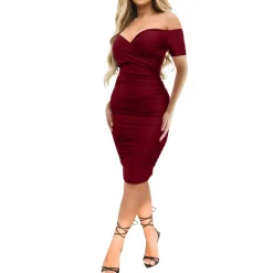 Off Shoulder Ruched Short Sleeve Bodycon Dress