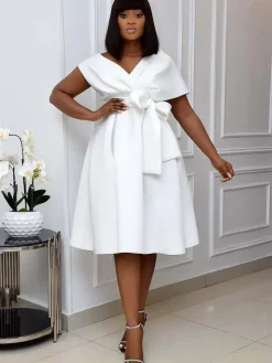 Off Shoulder Ruched Swing Midi Dress