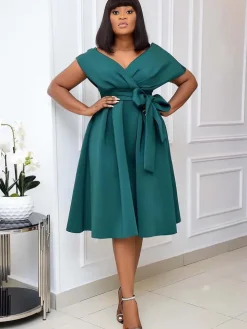 Off Shoulder Ruched Swing Midi Dress