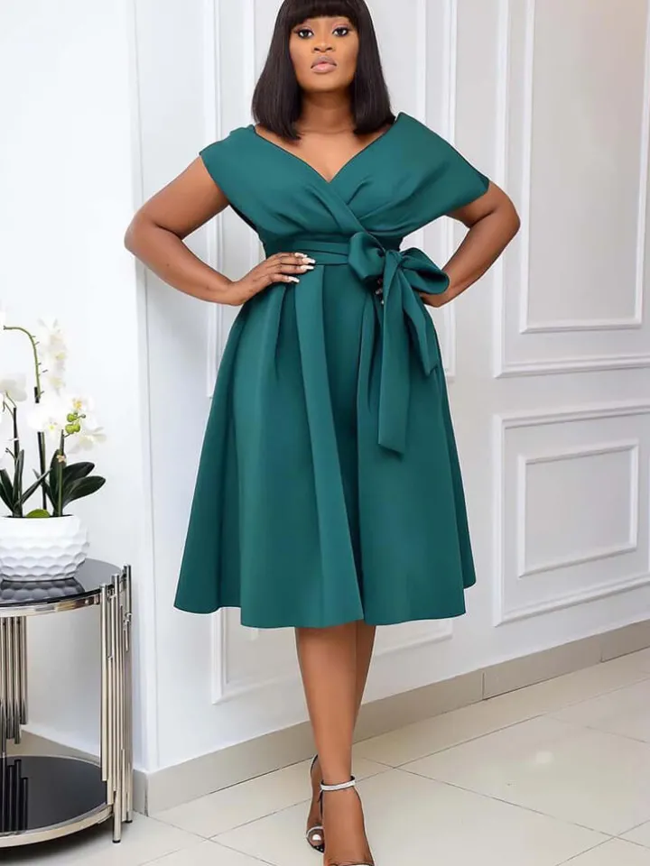 Off Shoulder Ruched Swing Midi Dress