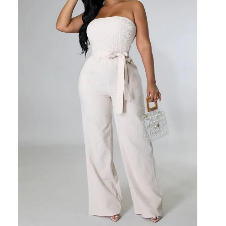 Off Shoulder Strapless Belted Wide Leg Jumpsuit