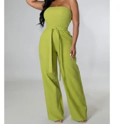 Off Shoulder Strapless Belted Wide Leg Jumpsuit