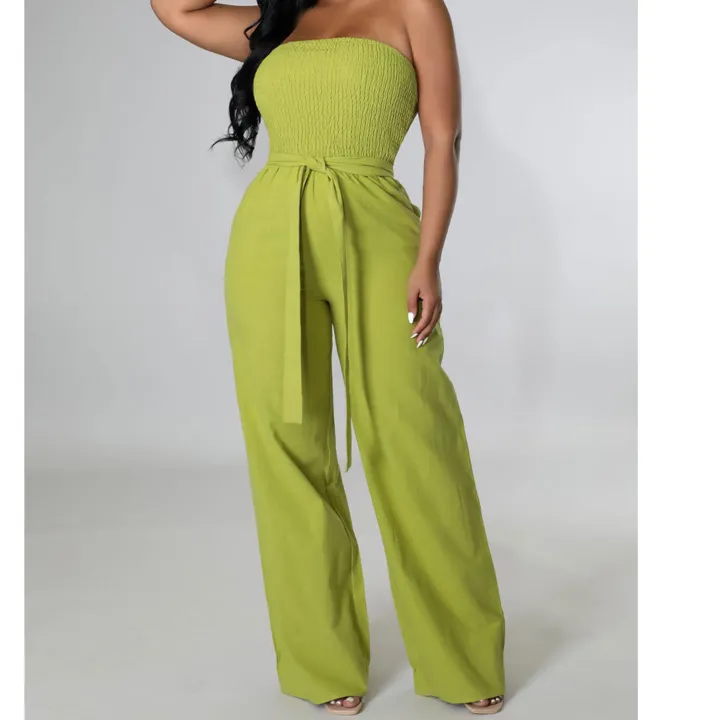 Off Shoulder Strapless Belted Wide Leg Jumpsuit