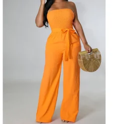 Off Shoulder Strapless Belted Wide Leg Jumpsuit