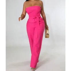 Off Shoulder Strapless Belted Wide Leg Jumpsuit
