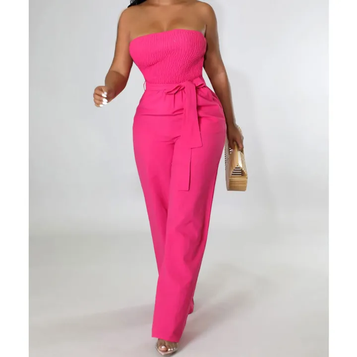 Off Shoulder Strapless Belted Wide Leg Jumpsuit
