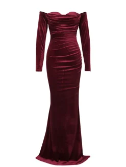 Off Shoulder Velvet Split Maxi Dress