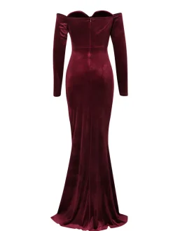 Off Shoulder Velvet Split Maxi Dress