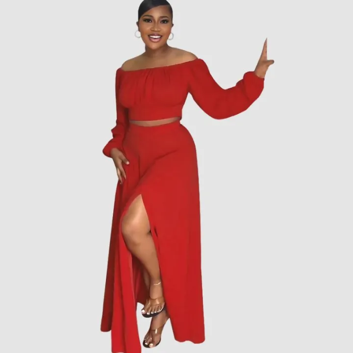 Off-Shoulder Crop Top Split Skirt Set