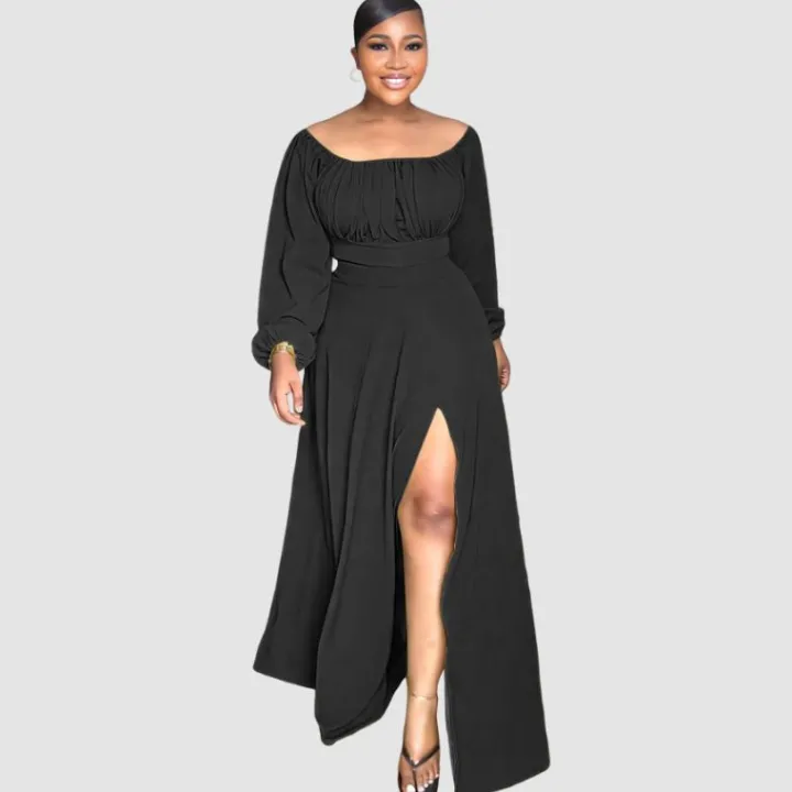 Off-Shoulder Crop Top Split Skirt Set