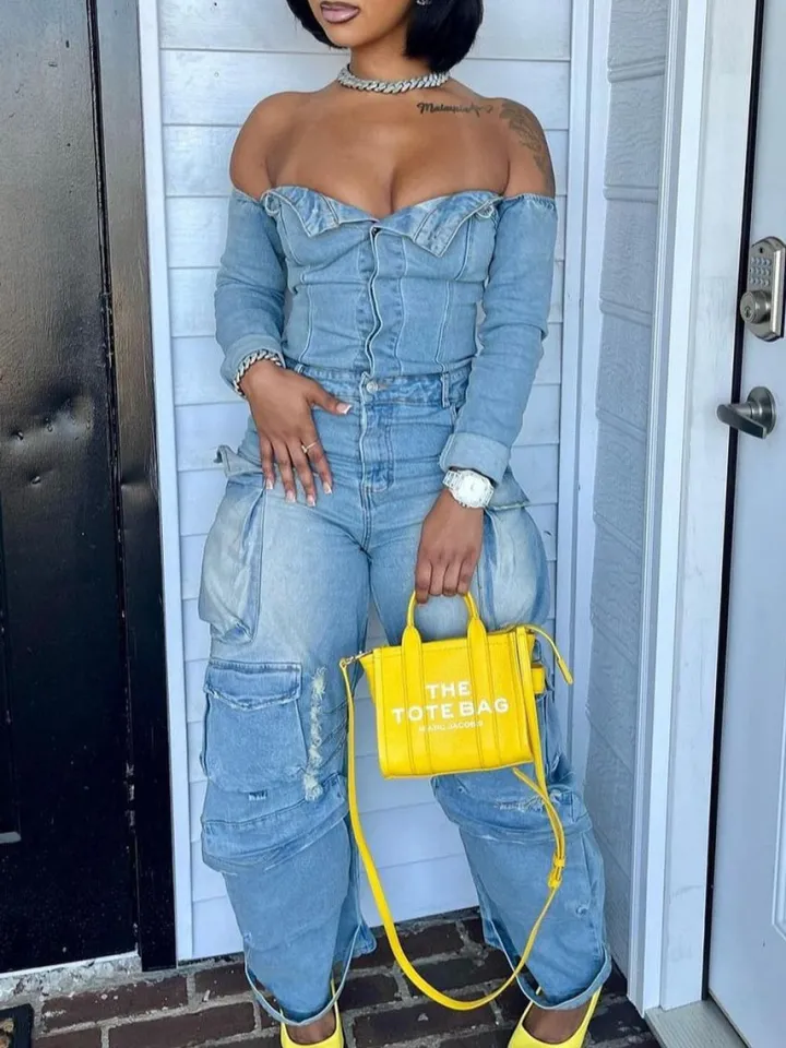 Off-Shoulder Pockets Denim Jumpsuit