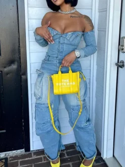 Off-Shoulder Pockets Denim Jumpsuit